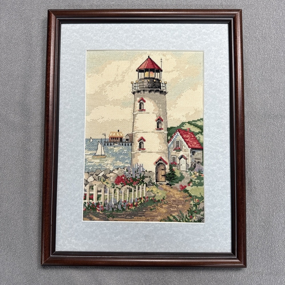 Vintage Needlepoint Lighthouse Framed Art Handmade 13.5"x 17" Cross Stitch